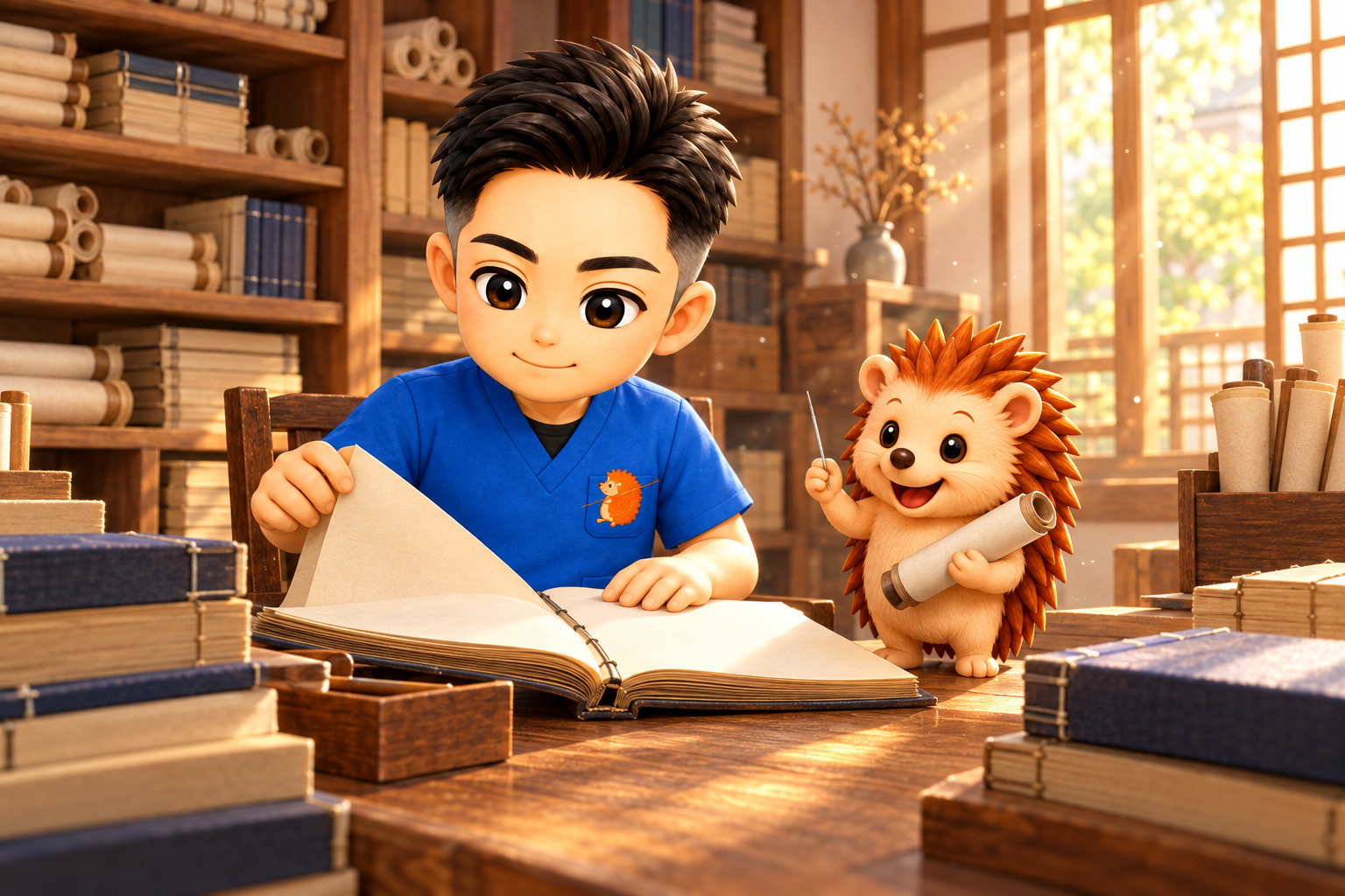 古い資料室で、ちび院長が古い和綴じの本を真剣に読み、ハリーちゃんが巻物を抱えて運んできている