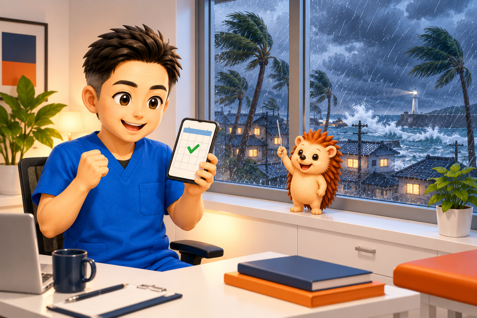 外は台風。院の中でちび院長がスマートフォンを見ると、予約システムはちゃんと動いている。窓辺でハリーちゃんが鍼を掲げている
