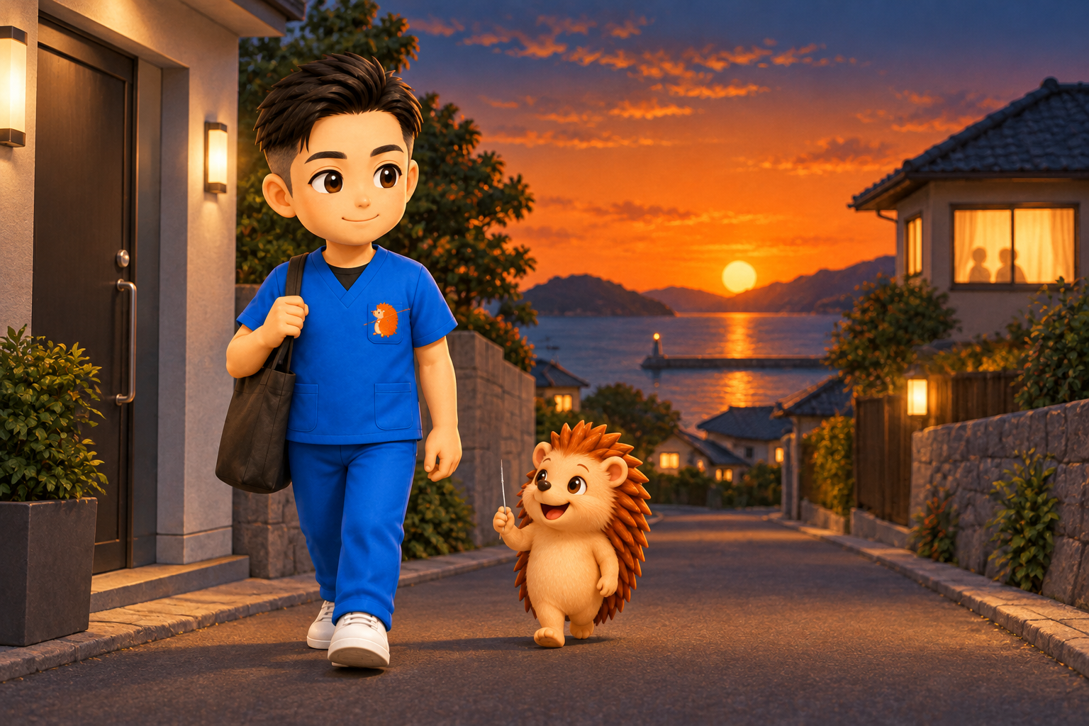 夕暮れに院を閉めて、灯りのともる家へ帰る院長とハリーちゃん